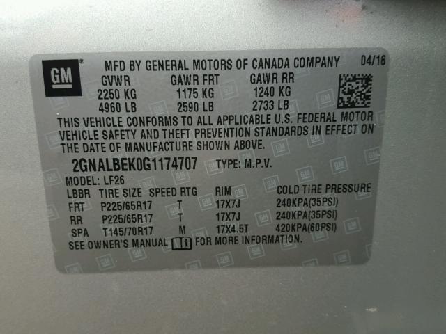 2GNALBEK0G1174707 - 2016 CHEVROLET EQUINOX LS SILVER photo 10