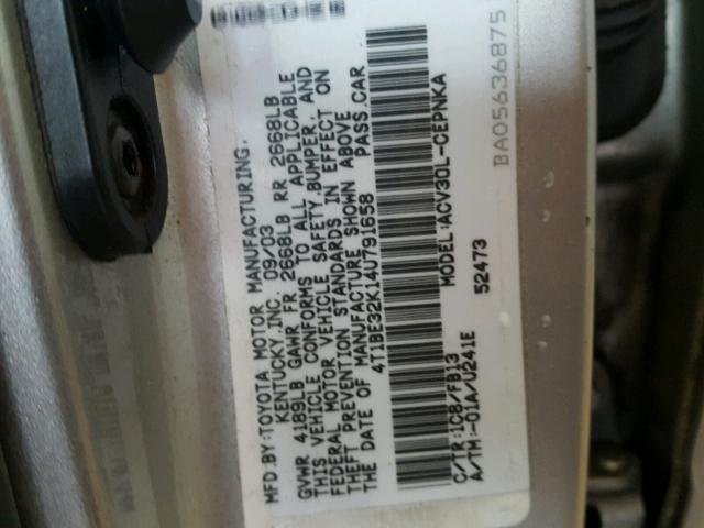 4T1BE32K14U791658 - 2004 TOYOTA CAMRY LE SILVER photo 10