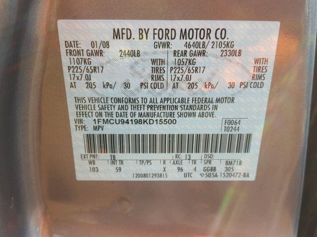 1FMCU94198KD15500 - 2008 FORD ESCAPE LIM GRAY photo 10