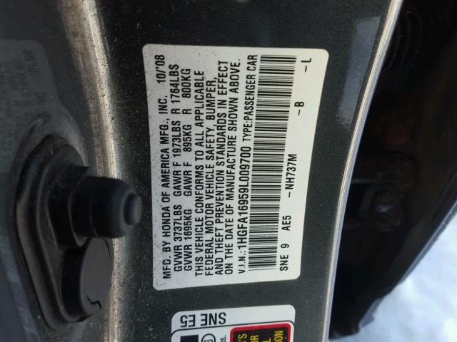 1HGFA16959L009700 - 2009 HONDA CIVIC EXL GRAY photo 10