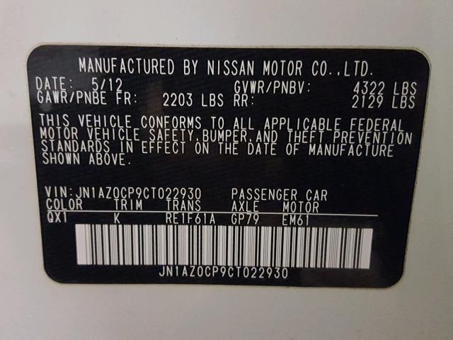 JN1AZ0CP9CT022930 - 2012 NISSAN LEAF SV WHITE photo 10