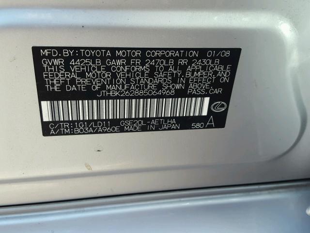 JTHBK262885064968 - 2008 LEXUS IS 250 SILVER photo 10