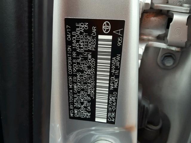 JTDKDTB31H1597039 - 2017 TOYOTA PRIUS C SILVER photo 10