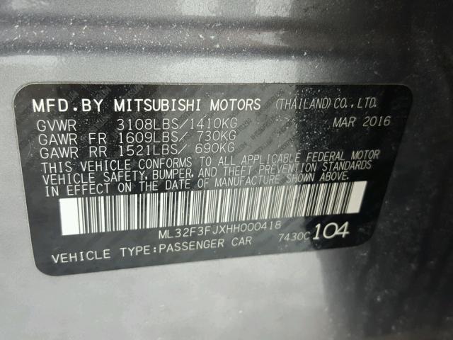 ML32F3FJXHH000418 - 2017 MITSUBISHI MIRAGE G4 GRAY photo 10