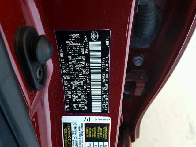 4T1BF1FK2GU542222 - 2016 TOYOTA CAMRY LE RED photo 10