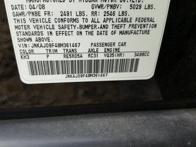 JNKAJ09F48M361467 - 2008 INFINITI EX35 BASE BLACK photo 10