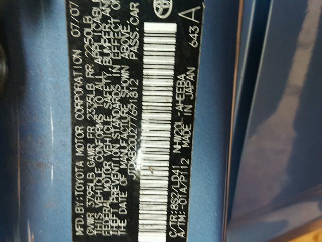 JTDKB20U277691812 - 2007 TOYOTA PRIUS BLUE photo 10