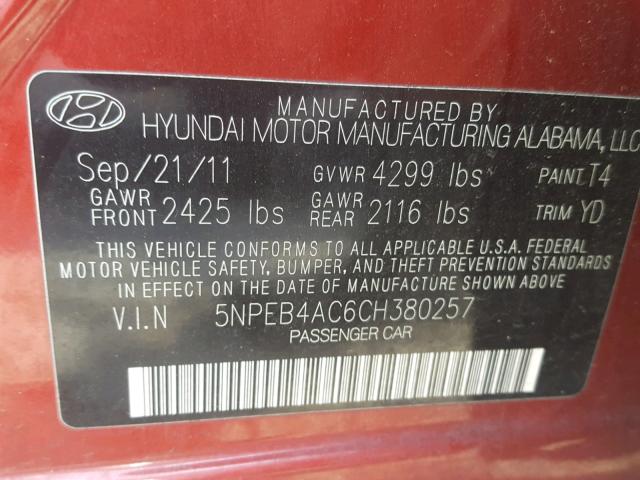 5NPEB4AC6CH380257 - 2012 HYUNDAI SONATA GLS RED photo 10