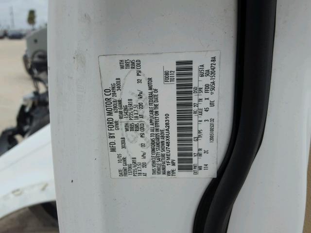 1FMEU748X6UA28310 - 2006 FORD EXPLORER E WHITE photo 10