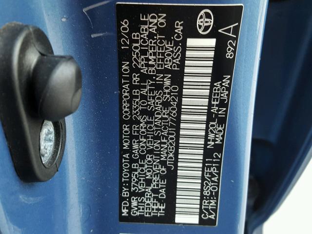 JTDKB20U177604210 - 2007 TOYOTA PRIUS BLUE photo 10