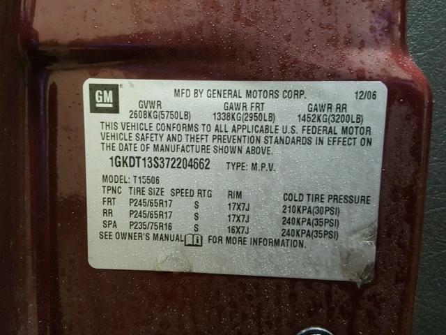 1GKDT13S372204662 - 2007 GMC ENVOY MAROON photo 10