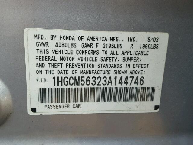 1HGCM56323A144746 - 2003 HONDA ACCORD LX GRAY photo 10