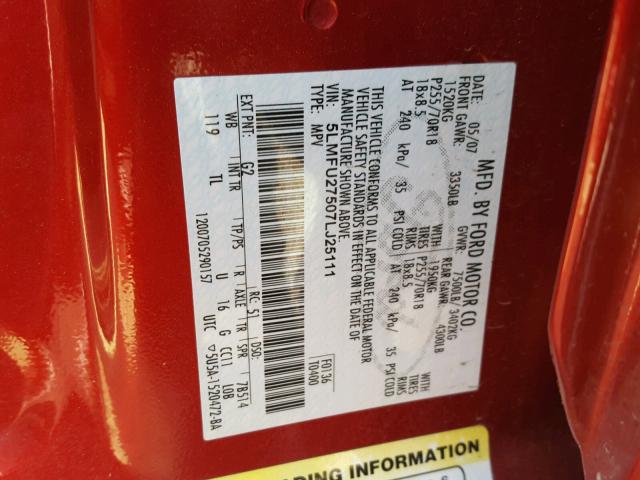 5LMFU27507LJ25111 - 2007 LINCOLN NAVIGATOR წითელი ფოტო 10