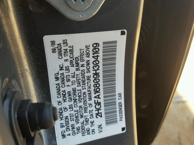 2HGFA16809H304109 - 2009 HONDA CIVIC EX GRAY photo 10