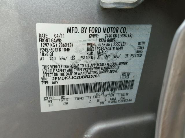 2FMDK3JC2BBB25763 - 2011 FORD EDGE SEL SILVER photo 10