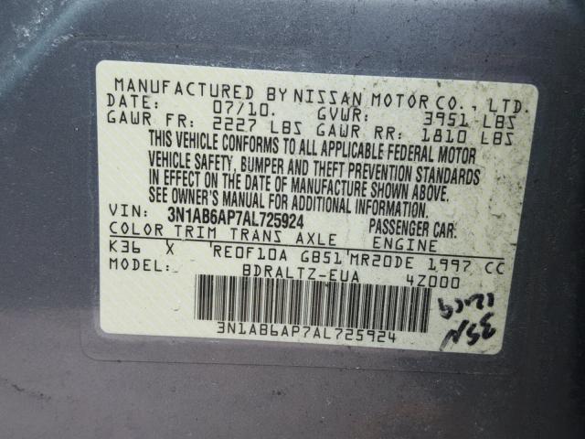 3N1AB6AP7AL725924 - 2010 NISSAN SENTRA 2.0 GRAY photo 10