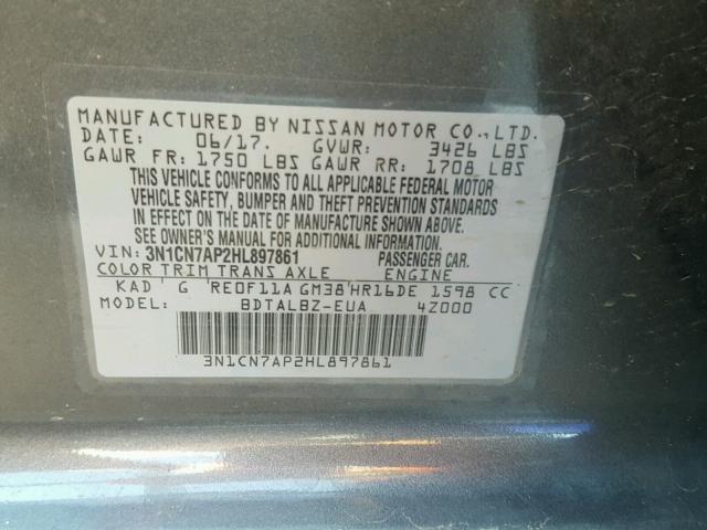 3N1CN7AP2HL897861 - 2017 NISSAN VERSA S GRAY photo 10