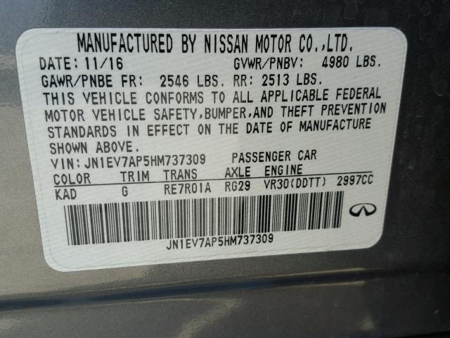 JN1EV7AP5HM737309 - 2017 INFINITI Q50 PREMIU GRAY photo 10