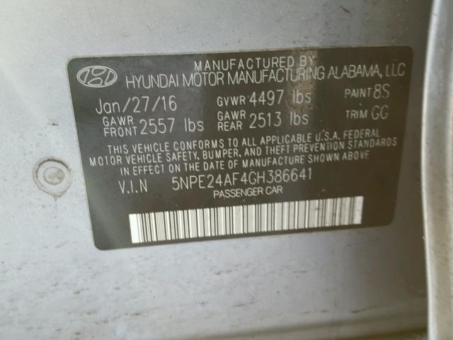 5NPE24AF4GH386641 - 2016 HYUNDAI SONATA SE GRAY photo 10