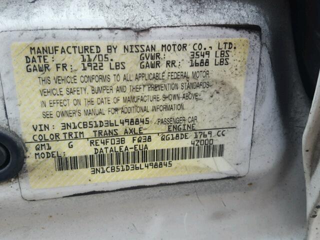 3N1CB51D36L498845 - 2006 NISSAN SENTRA 1.8 WHITE photo 10