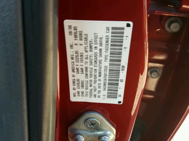 1HGCM56347A017020 - 2007 HONDA ACCORD SE BURGUNDY photo 10