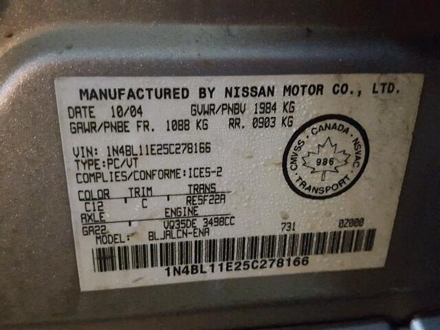 1N4BL11E25C278166 - 2005 NISSAN ALTIMA SE BEIGE photo 10