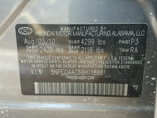 5NPEC4AC6BH118881 - 2011 HYUNDAI SONATA SE GRAY photo 10