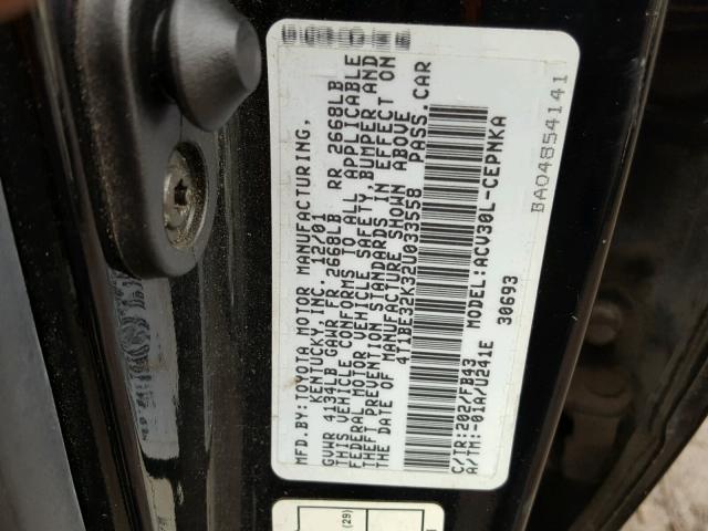 4T1BE32K32U033558 - 2002 TOYOTA CAMRY LE BLACK photo 10