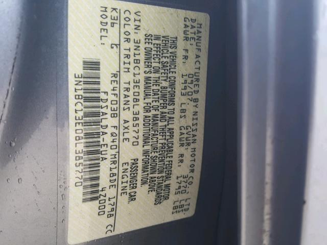 3N1BC13E08L385770 - 2008 NISSAN VERSA S GRAY photo 10