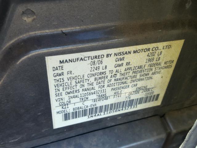 1N4AL11D56N432331 - 2006 NISSAN ALTIMA S GRAY photo 10