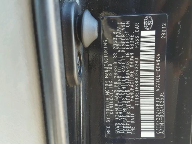 4T1BE46K89U343280 - 2009 TOYOTA CAMRY BASE BLACK photo 10