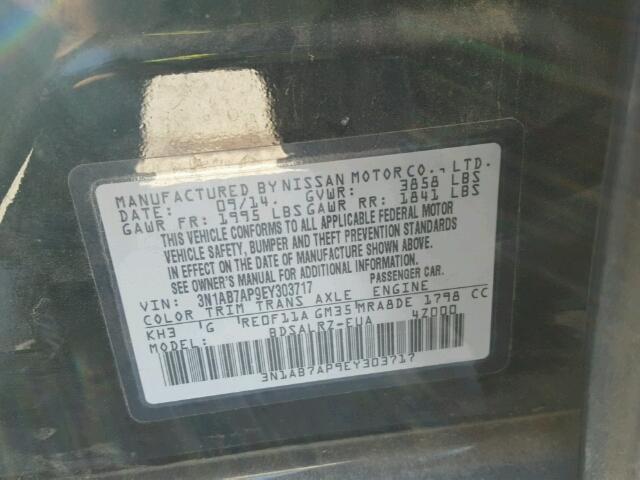 3N1AB7AP9EY303717 - 2014 NISSAN SENTRA S BLACK photo 10