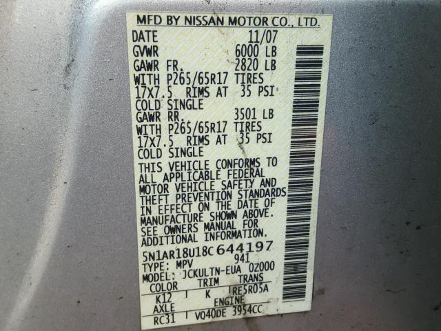 5N1AR18U18C644197 - 2008 NISSAN PATHFINDER SILVER photo 10