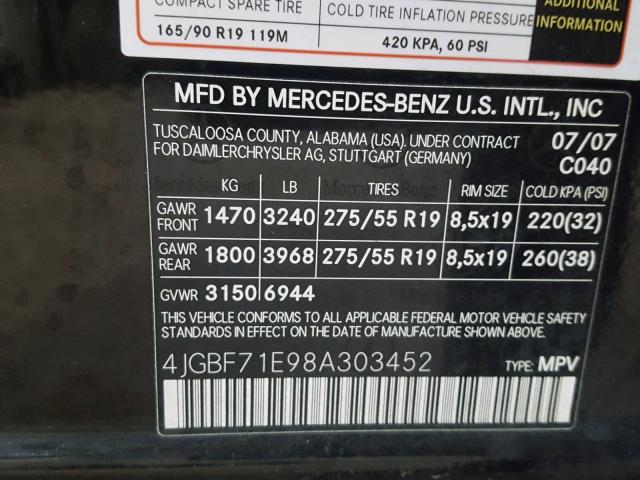 4JGBF71E98A303452 - 2008 MERCEDES-BENZ GL 450 4MA BLACK photo 10