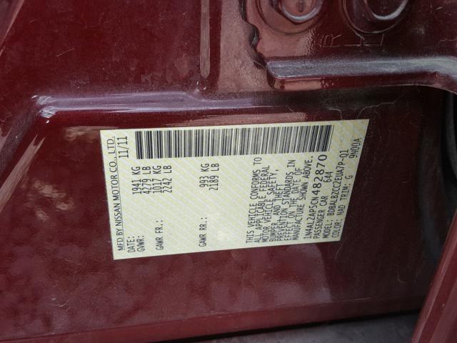 1N4AL2AP5CN482870 - 2012 NISSAN ALTIMA BAS MAROON photo 10