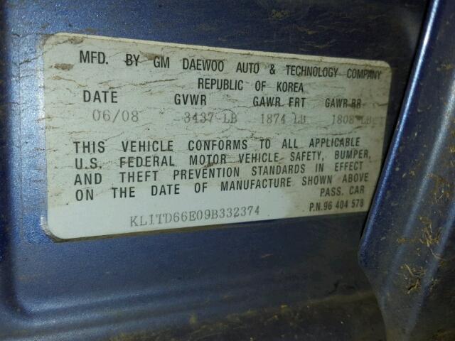 KL1TD66E09B332374 - 2009 CHEVROLET AVEO LS 蓝色 照片 10
