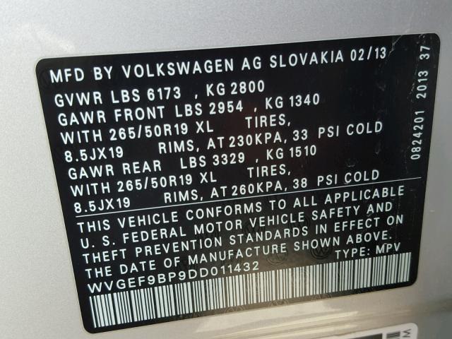 WVGEF9BP9DD011432 - 2013 VOLKSWAGEN TOUAREG V6 SILVER photo 10