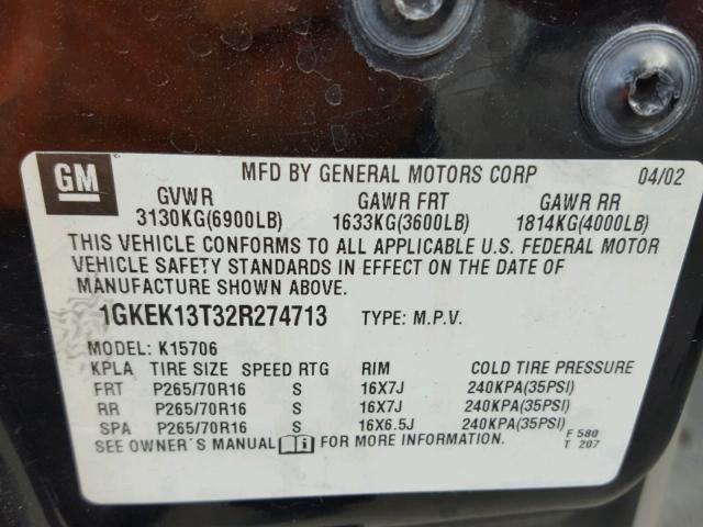 1GKEK13T32R274713 - 2002 GMC YUKON BLACK photo 10