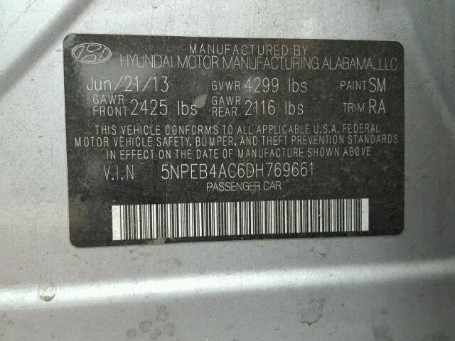 5NPEB4AC6DH769661 - 2013 HYUNDAI SONATA GLS SILVER photo 10