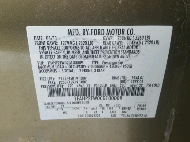 1FAHP2EW0CG100009 - 2012 FORD TAURUS SEL GREEN photo 10