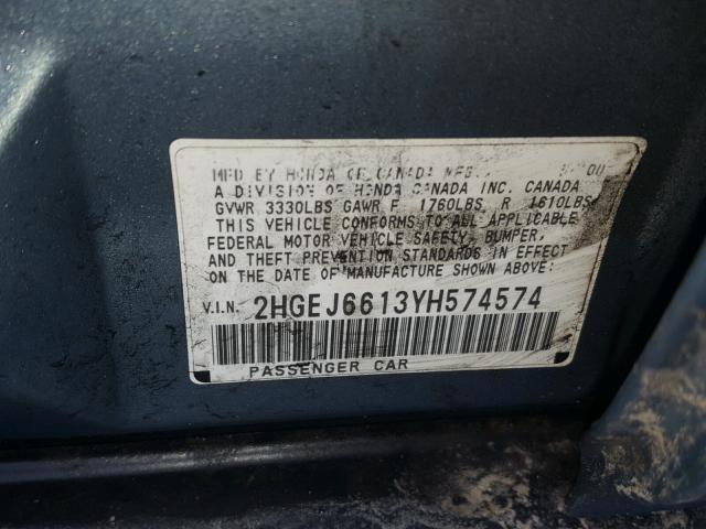 2HGEJ6613YH574574 - 2000 HONDA CIVIC BASE BLUE photo 10