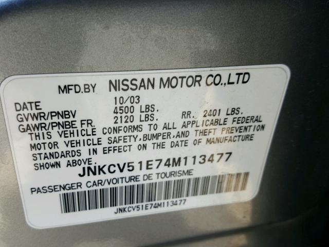 JNKCV51E74M113477 - 2004 INFINITI G35 GRAY photo 10