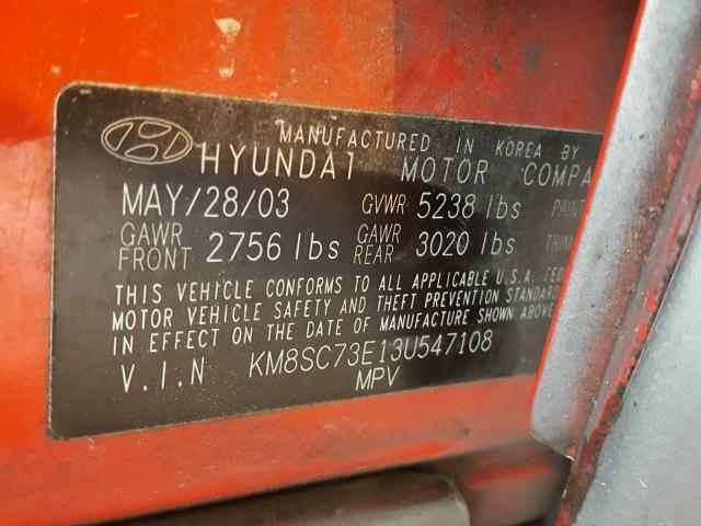 KM8SC73E13U547108 - 2003 HYUNDAI SANTA FE G RED photo 10