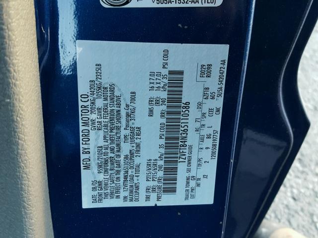 1ZVFT84N365110586 - 2006 FORD MUSTANG BLUE photo 10