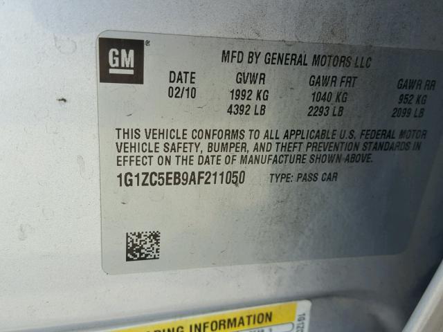 1G1ZC5EB9AF211050 - 2010 CHEVROLET MALIBU 1LT 银色 照片 10