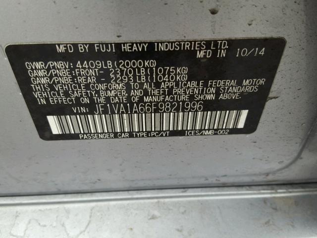 JF1VA1A66F9821996 - 2015 SUBARU WRX SILVER photo 10