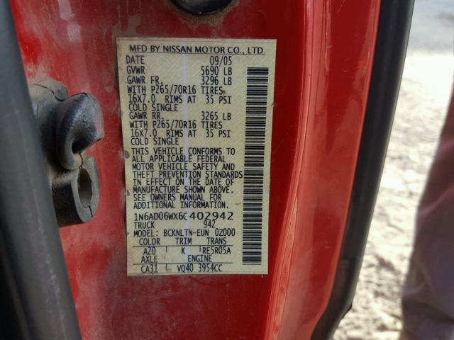 1N6AD06WX6C402942 - 2006 NISSAN FRONTIER K RED photo 10