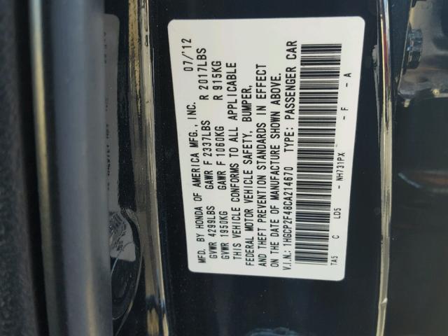 1HGCP2F48CA214670 - 2012 HONDA ACCORD LXP BLACK photo 10