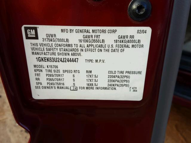 1GKEK63U24J244447 - 2004 GMC YUKON DENA MAROON photo 10