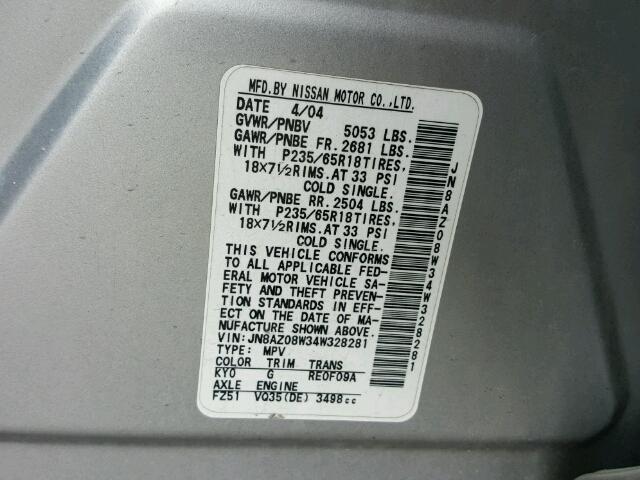 JN8AZ08W34W328281 - 2004 NISSAN MURANO SL SILVER photo 10